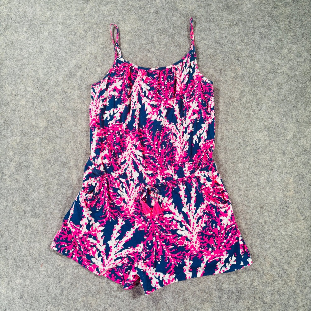 Lilly Pulitzer Romper Girls XL Pink Blue Coral Print Spaghetti Tassel Beach
